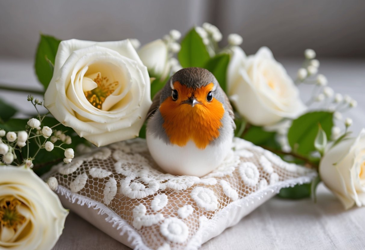 A robin's egg rests on a lace pillow, nestled among white roses and baby's breath