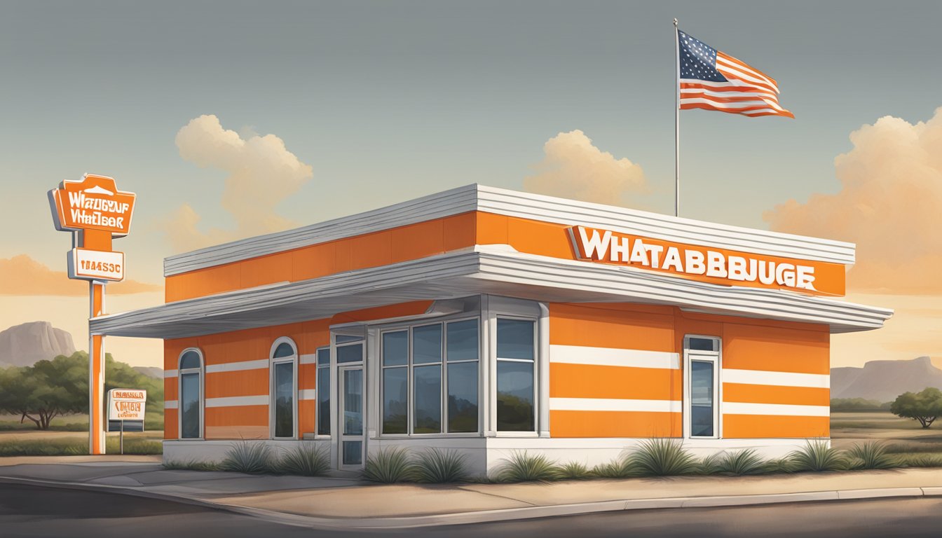 A lone Whataburger restaurant stands proudly in the Texas landscape, with its iconic orange and white striped exterior and large, bold lettering