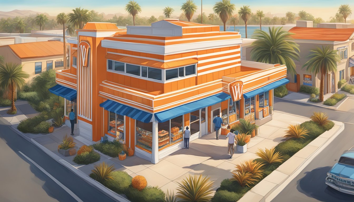 A Whataburger store sits in a bustling California city, surrounded by palm trees and bathed in warm sunlight. The iconic orange and white striped building stands out against the blue sky