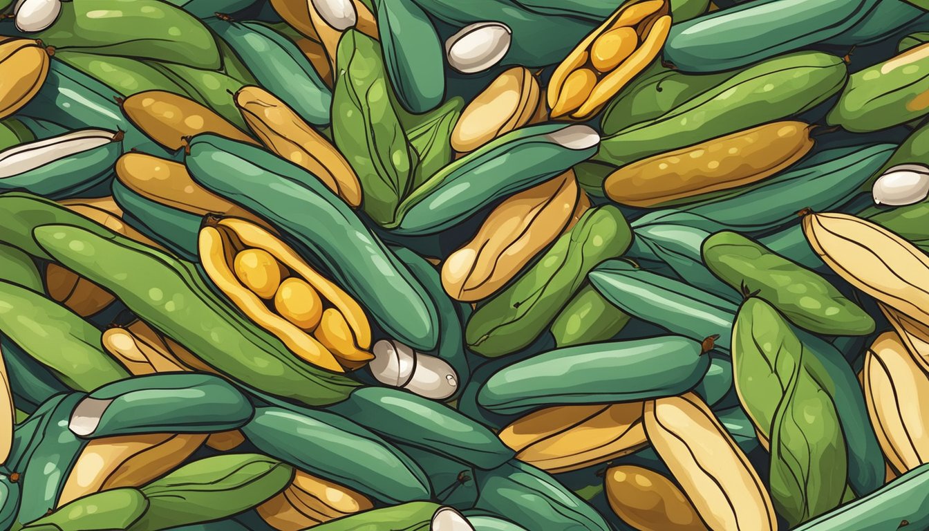 A pile of beans in a pantry with small insects crawling around them