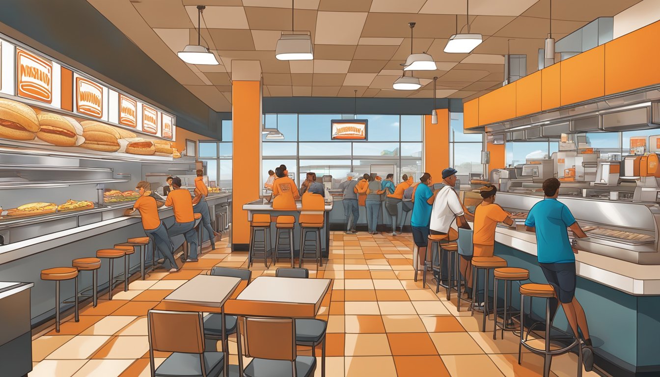 A bustling Whataburger restaurant with employees working behind the counter and customers enjoying their meals at tables