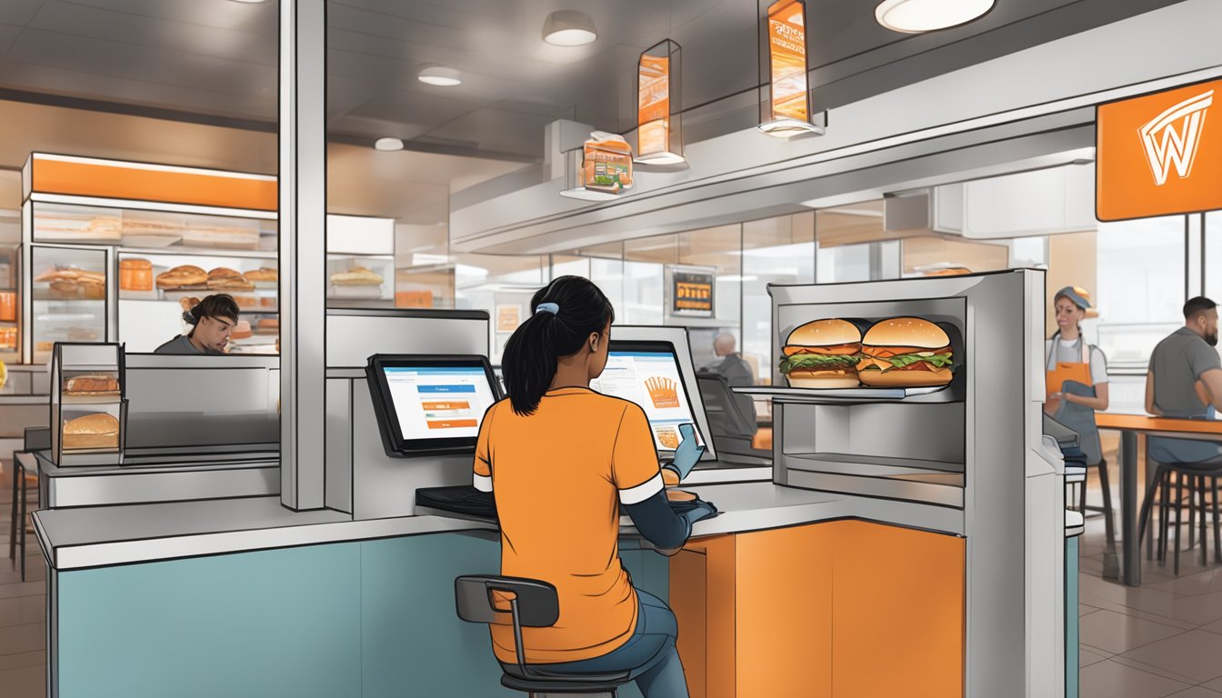 A customer orders from a digital kiosk at a Whataburger in Texas, while a staff member prepares their meal in the background