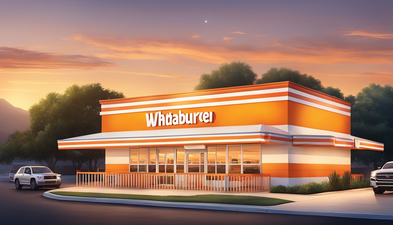 The sun sets behind the iconic orange and white striped Whataburger building in California, casting a warm glow over the bustling drive-thru and outdoor dining area