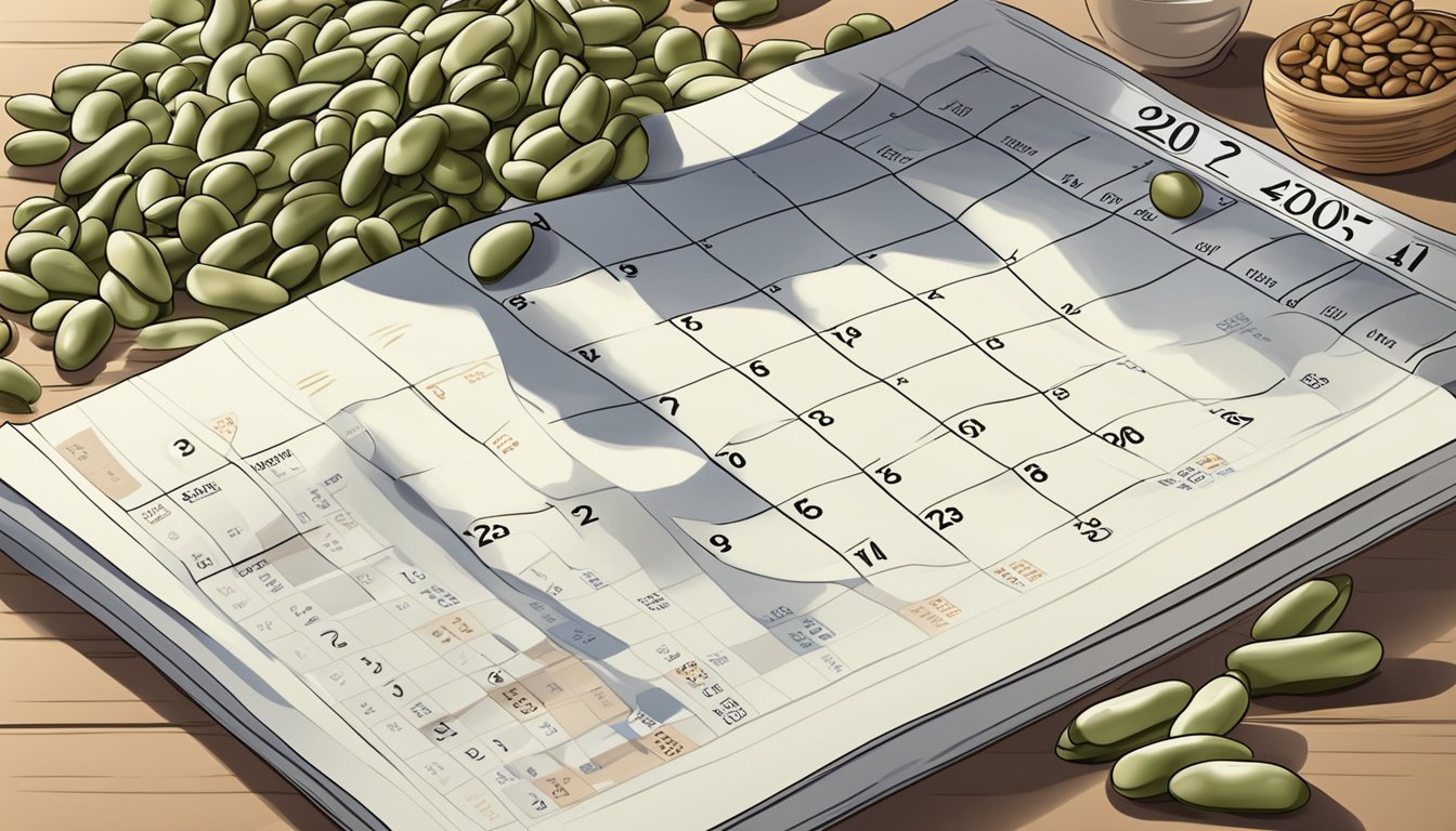 A pile of fresh beans next to a pile of dried beans, with a calendar in the background showing the passage of time