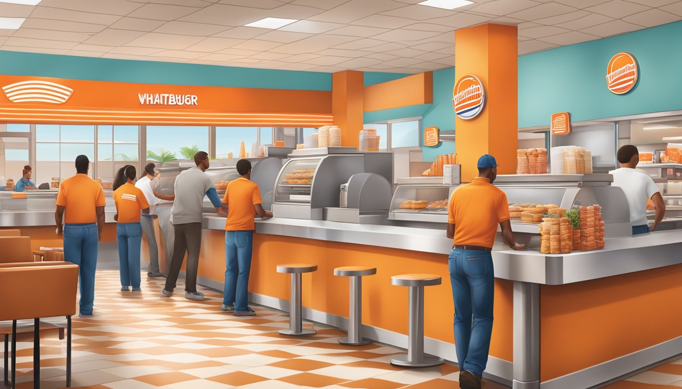 A bustling Whataburger restaurant with a line of customers, employees working behind the counter, and a welcoming atmosphere