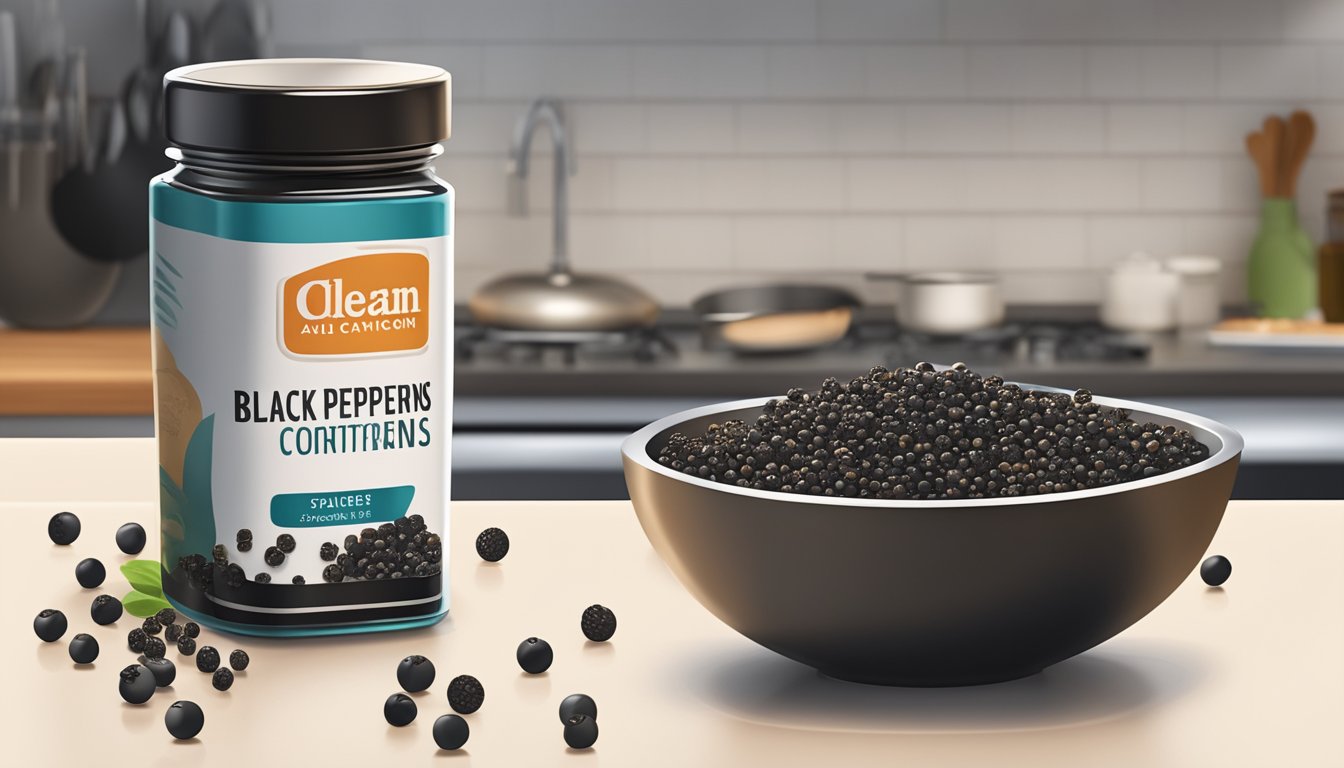 A small pile of black peppercorns spilling out of a labeled container onto a clean kitchen counter