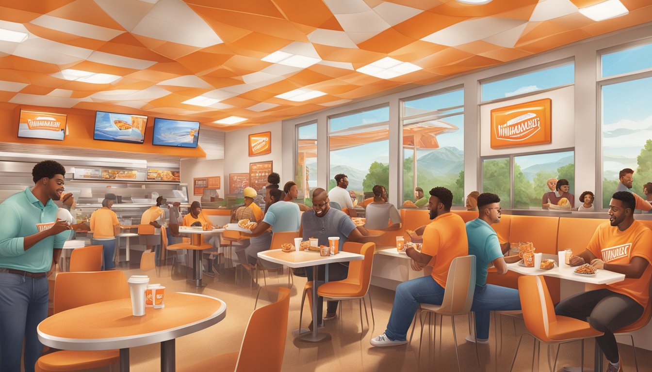 A bustling WhatABurger restaurant in California, with a diverse group of customers enjoying their meals and engaging with the brand's story through decor and promotional materials