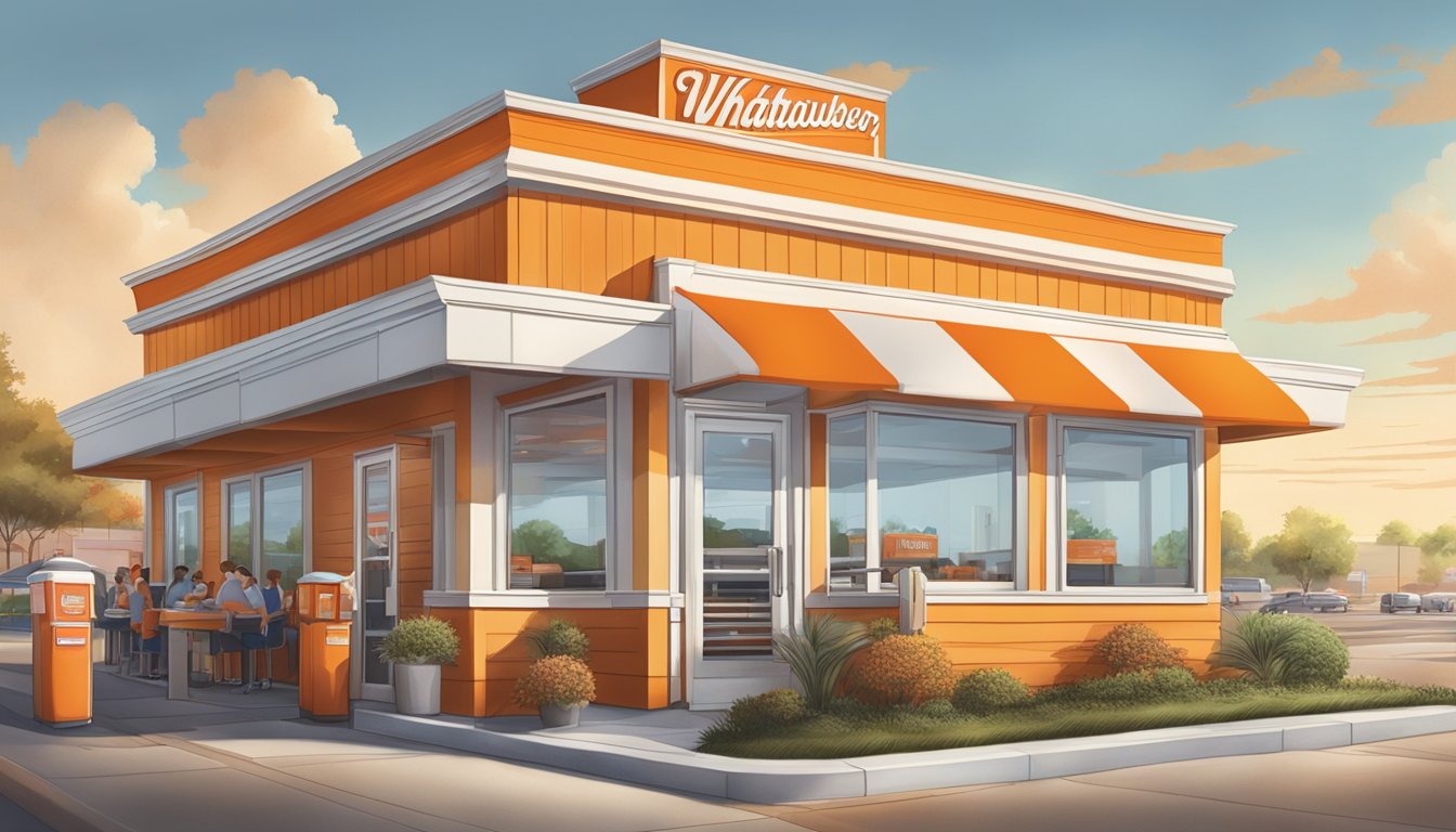 A bustling Whataburger restaurant in Texas, with the iconic orange and white striped roof, and a welcoming, friendly atmosphere