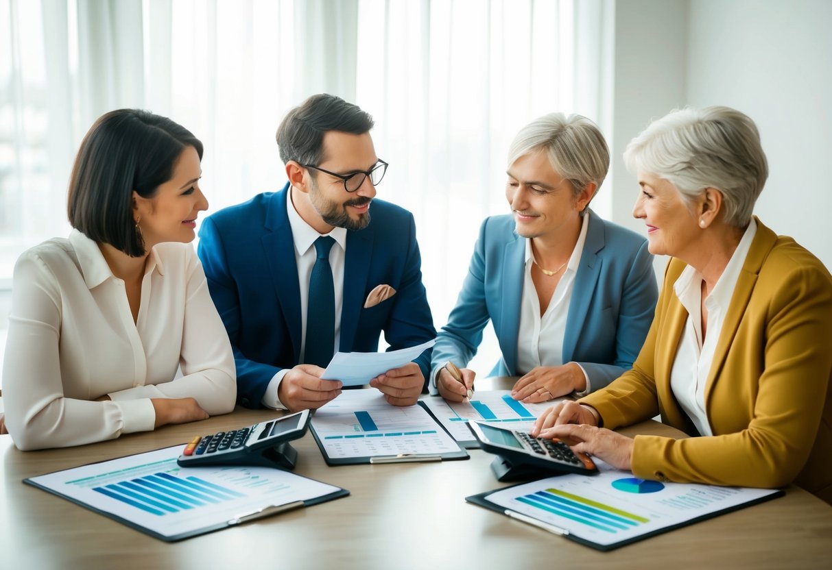 A couple and their parents sitting around a table with wedding budget spreadsheets and calculators, discussing financial contributions