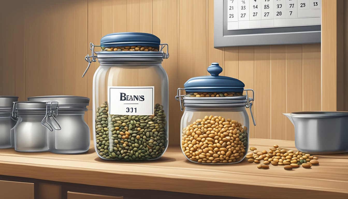 A glass jar filled with assorted beans, sealed tightly with a lid, sitting on a kitchen counter next to a calendar