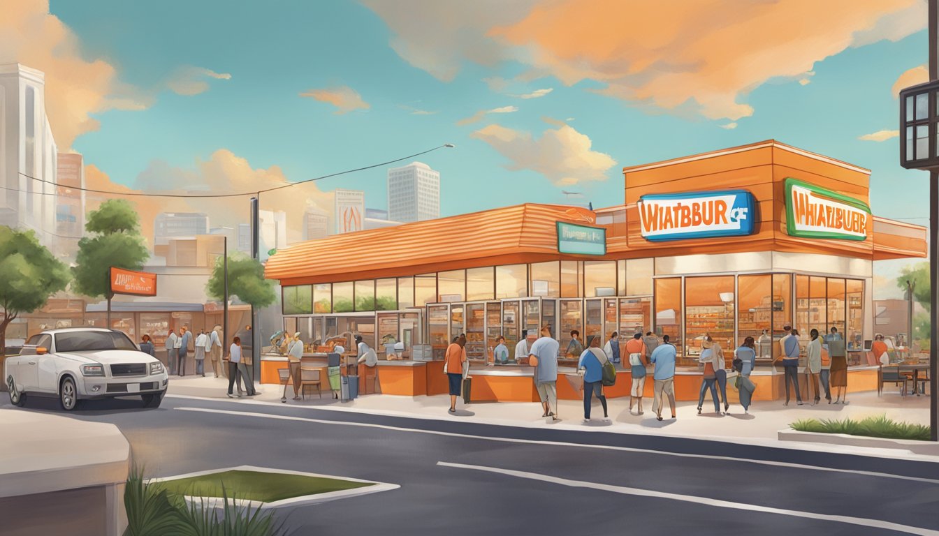 A bustling Whataburger restaurant in Texas, surrounded by a busy market with various shops and vendors