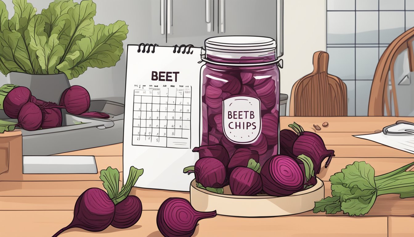 A jar of beet chips sits on a kitchen counter, surrounded by fresh beets and a calendar marking the date of their creation