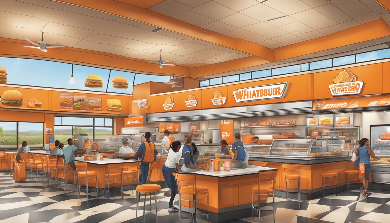 A bustling Whataburger restaurant with branded merchandise and collaboration displays, set against a Texas backdrop with iconic imagery