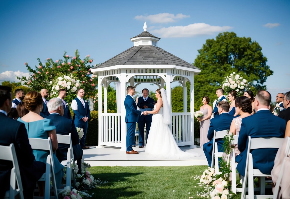 A sunny outdoor setting with a white gazebo, blooming flowers, and guests in formal attire. A wedding ceremony is taking place with a couple standing at the altar exchanging vows