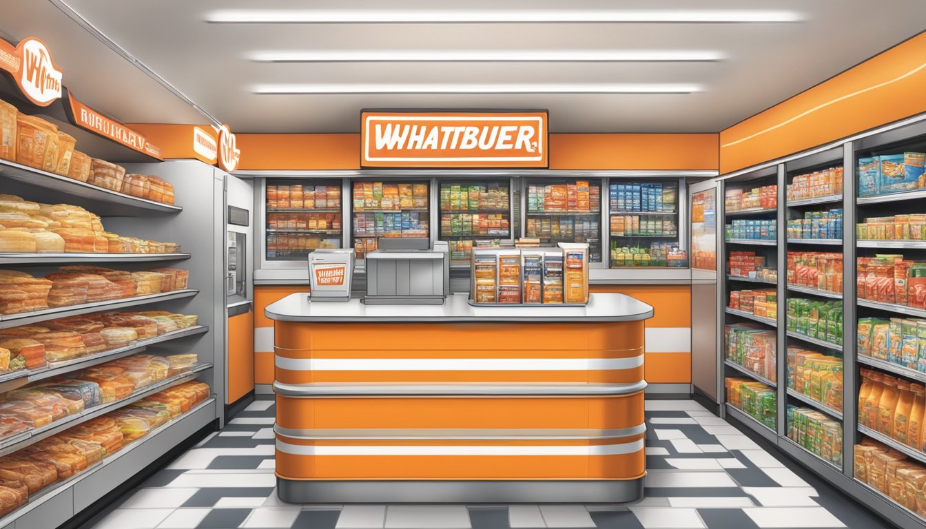 A Whataburger kiosk stands among grocery and retail shelves in a bustling California store