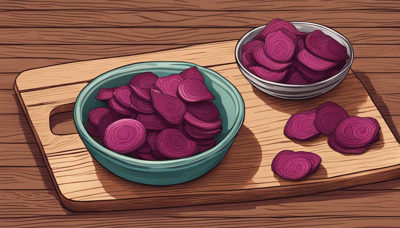 Freshly baked beet chips sit on a rustic wooden cutting board with a sprinkle of sea salt. A small bowl of chips sits nearby