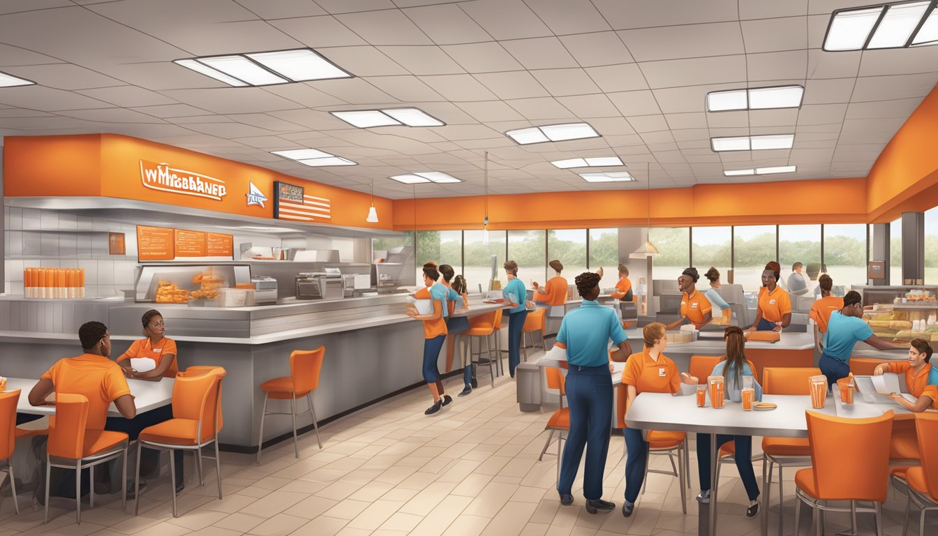 A bustling Whataburger restaurant with employees working together in a positive and energetic atmosphere, reflecting the company's strong corporate culture