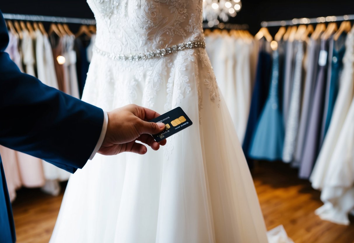 A groom's hand holding a credit card while a bridal gown is being purchased at a boutique
