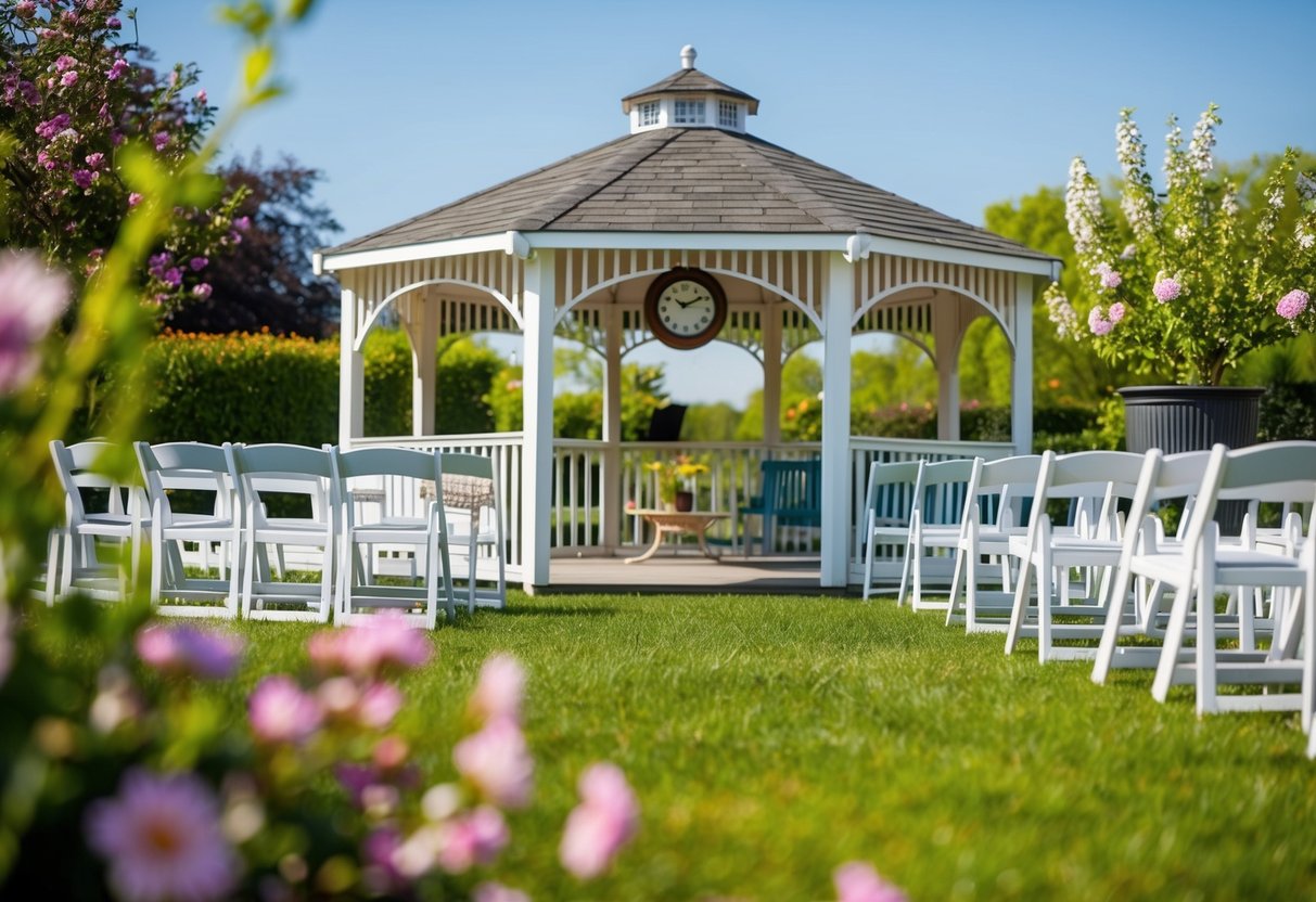 A sunny outdoor setting with a gazebo and rows of chairs, surrounded by blooming flowers and greenery. A clock on the gazebo reads 4:00 PM