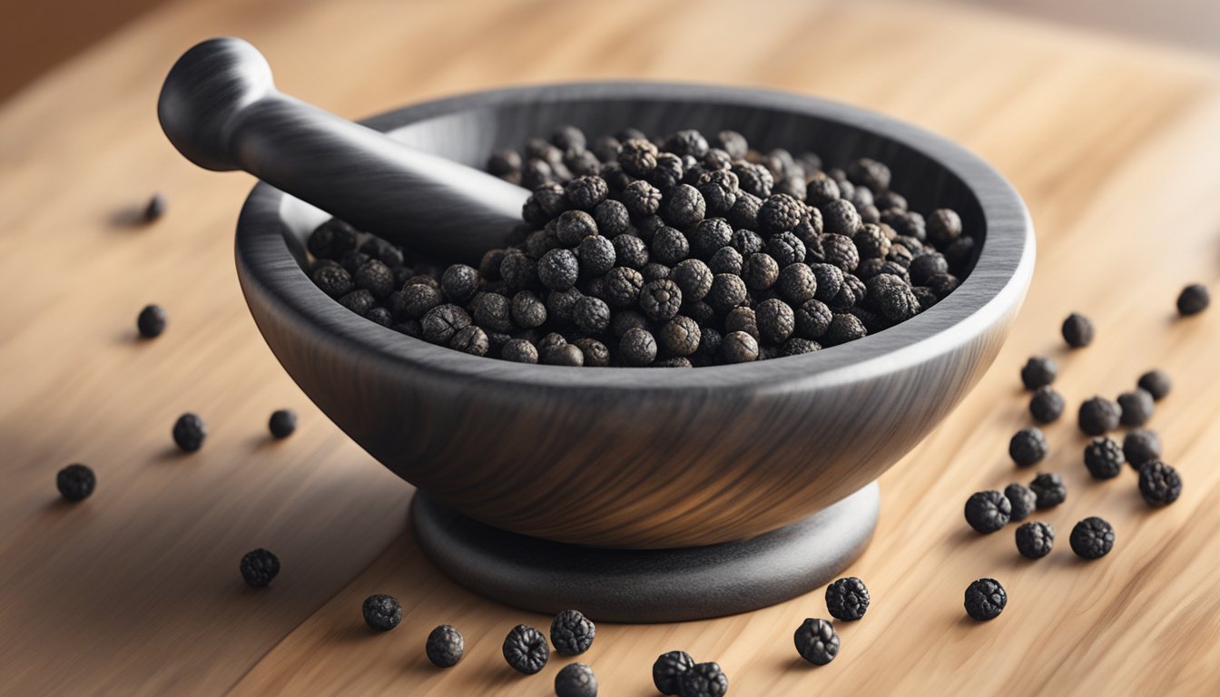 A small pile of black peppercorns spills out from a rustic wooden mortar and pestle onto a sleek marble countertop