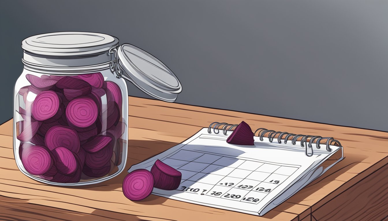 A glass jar filled with beet chips sits on a wooden shelf next to a calendar, showing the date of purchase and the current date. A few chips are scattered around the jar