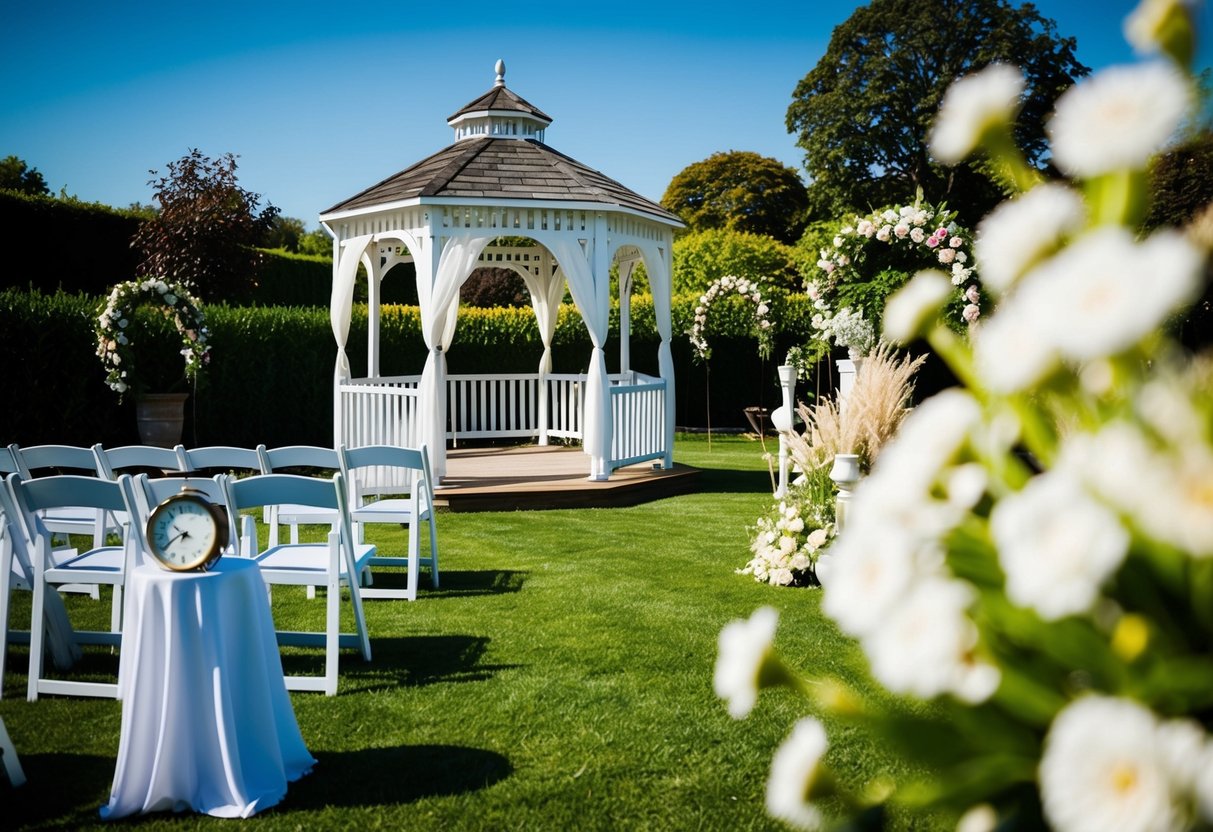 A sunlit garden with a gazebo and floral arches, set up for a wedding ceremony. A clock on a nearby table reads 4:00 PM