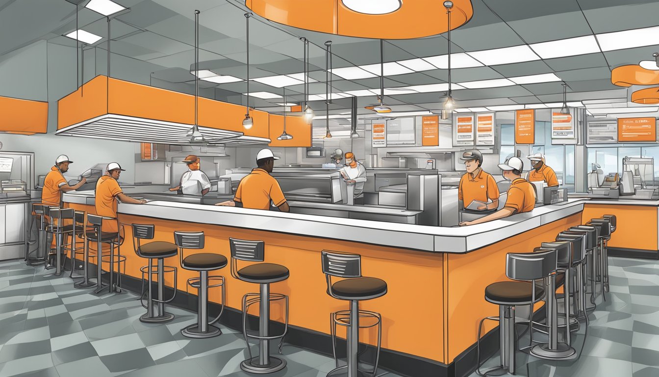 A bustling Whataburger restaurant with employees working together efficiently, while a manager oversees operations and plans for future growth