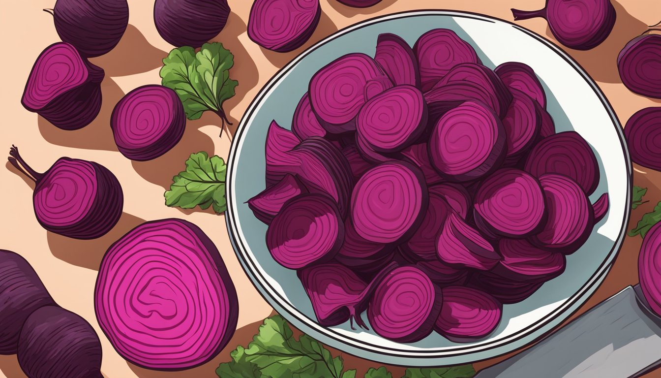 A bowl of beet chips sits on a kitchen counter, surrounded by fresh beets and a knife. The chips are crispy and vibrant in color