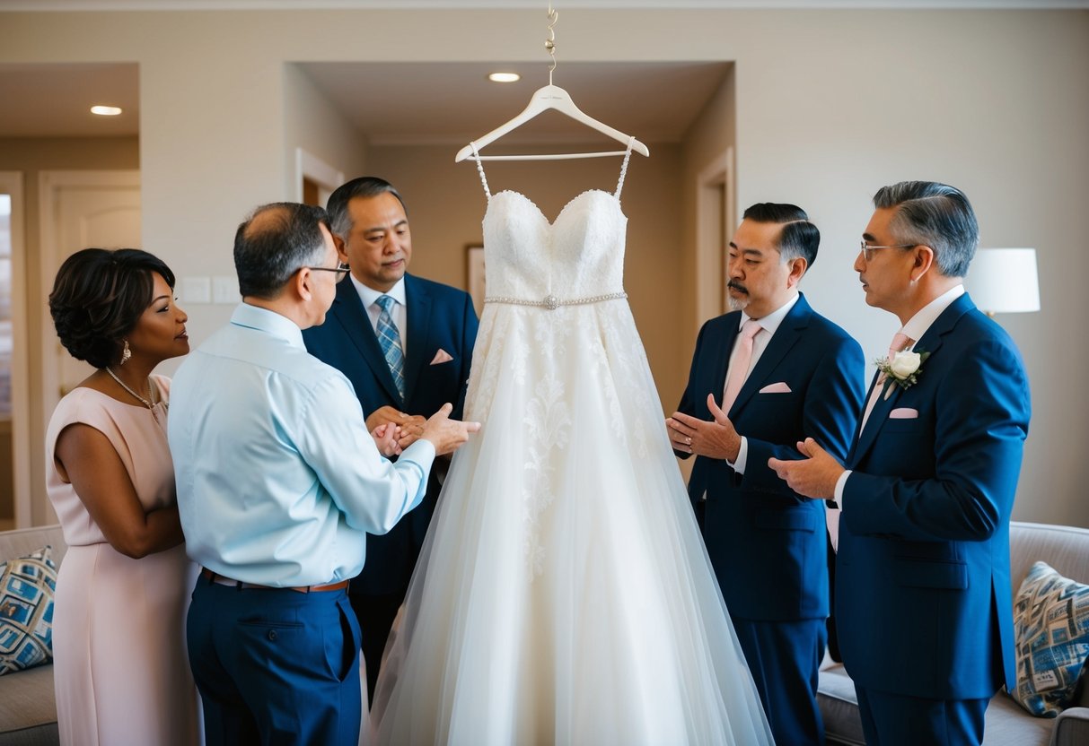 A bride's dress hanging on a hanger, surrounded by family members discussing and negotiating the cost sharing traditions for the wedding