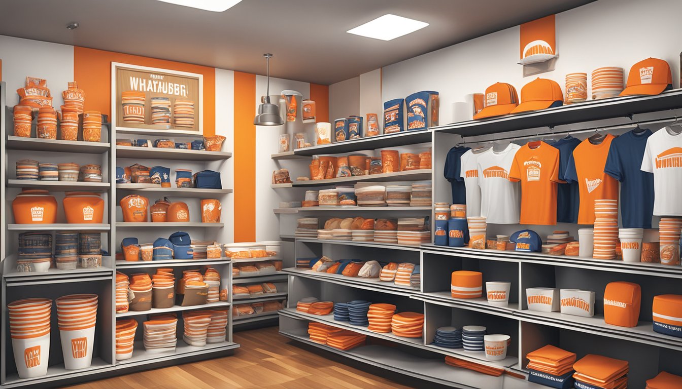 A display of vintage and modern Whataburger merchandise, including t-shirts, hats, mugs, and keychains, arranged on shelves in a well-lit store