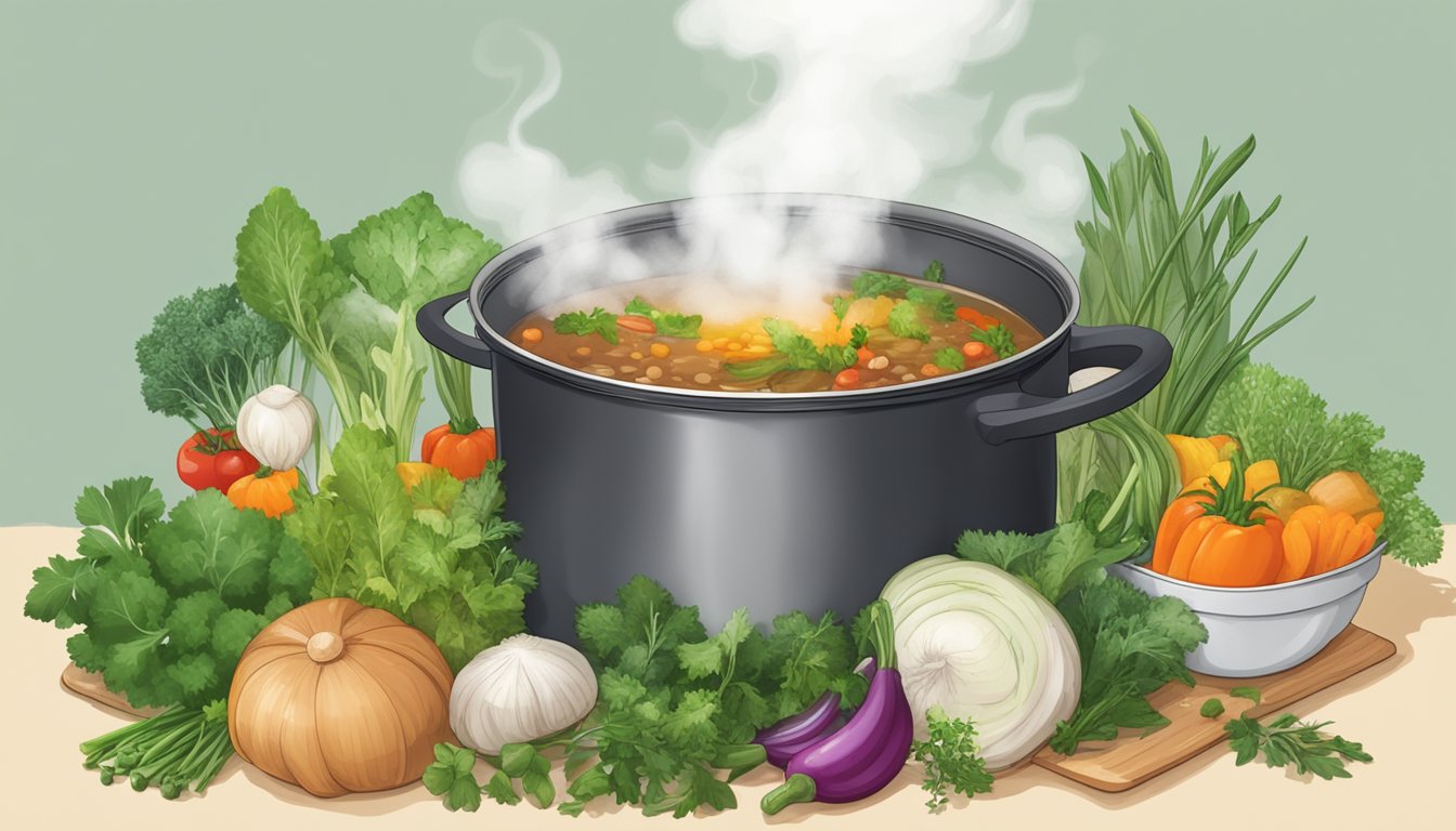 A pot of beef broth simmering on a stove, surrounded by various fresh herbs and vegetables, with steam rising from the surface