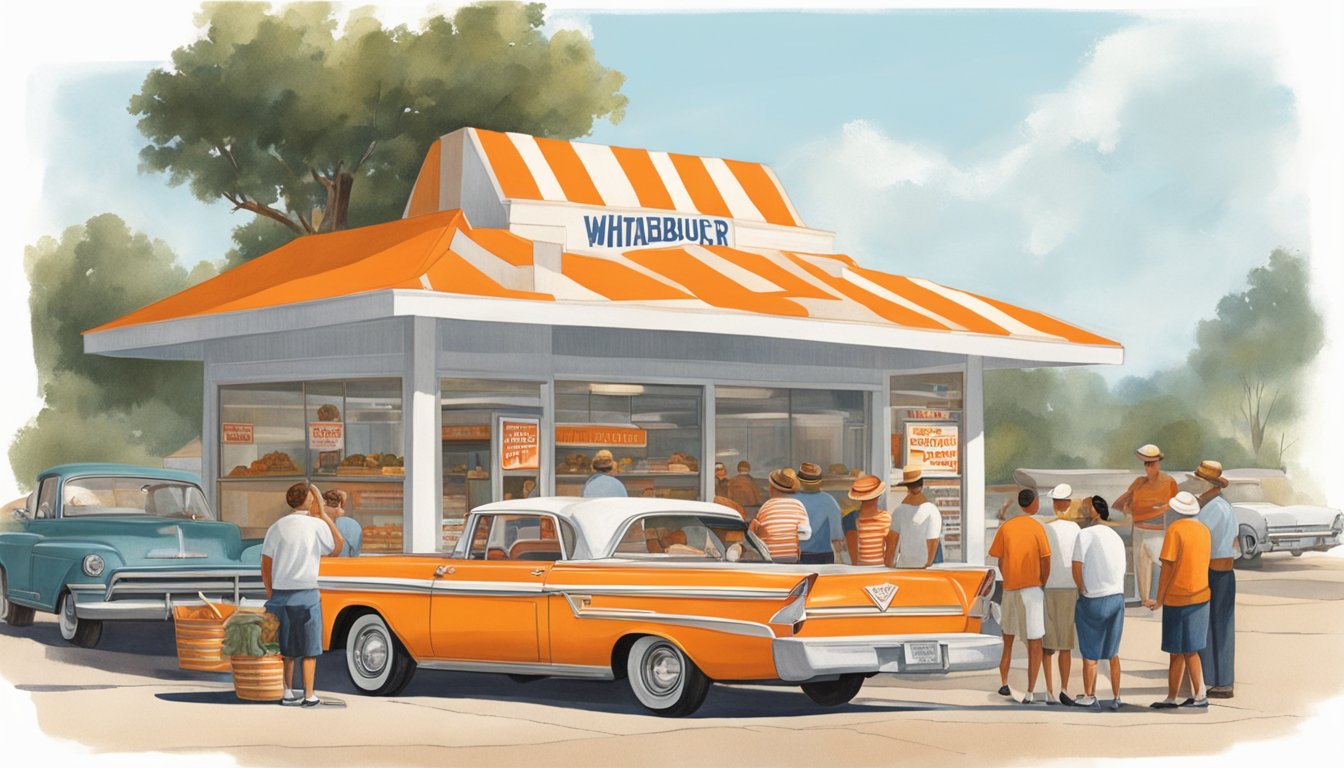 A group of people gather around a small roadside stand, where the first Whataburger was founded in 1950. The founders proudly display the iconic orange and white striped roof