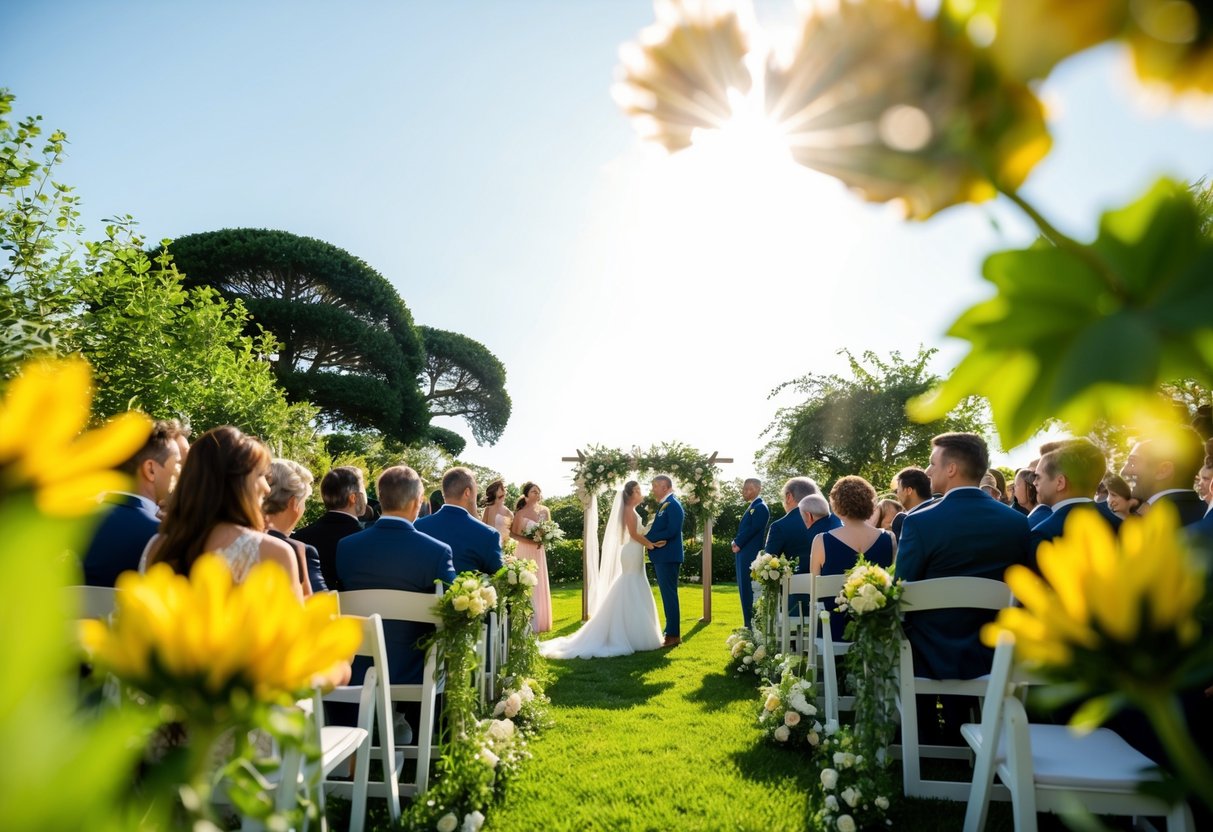A sunny outdoor wedding ceremony in a garden, with blooming flowers and greenery. The sun is high in the sky, casting a warm glow over the scene