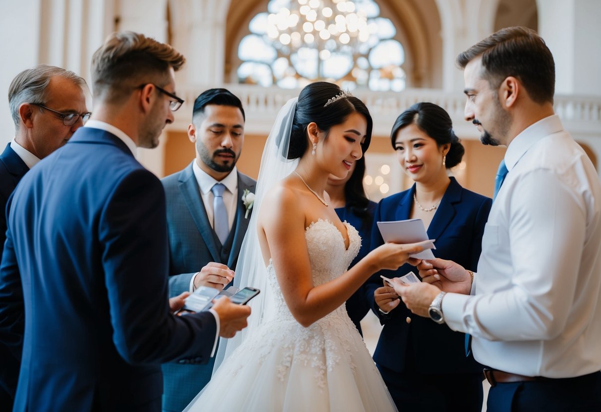 A bride's dress is surrounded by a group of people discussing payment
