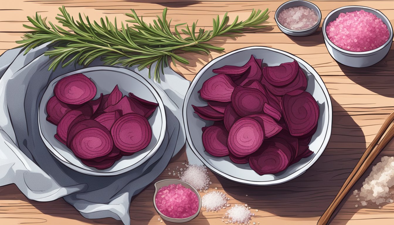 A bowl of beet chips sits on a wooden table next to a sprig of fresh rosemary and a small dish of sea salt