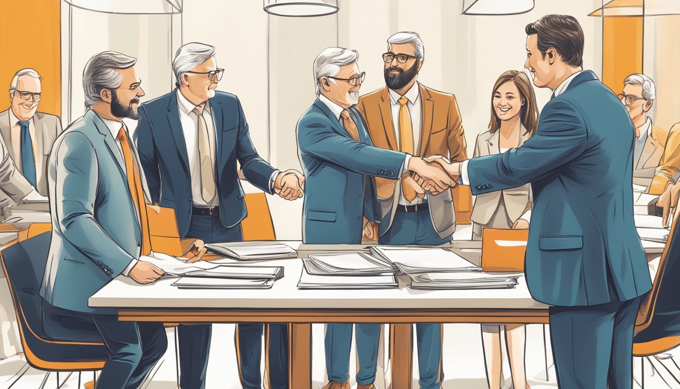 A group of businesspeople stand around a table, exchanging handshakes and signing documents, symbolizing the transfer of ownership of Whataburger