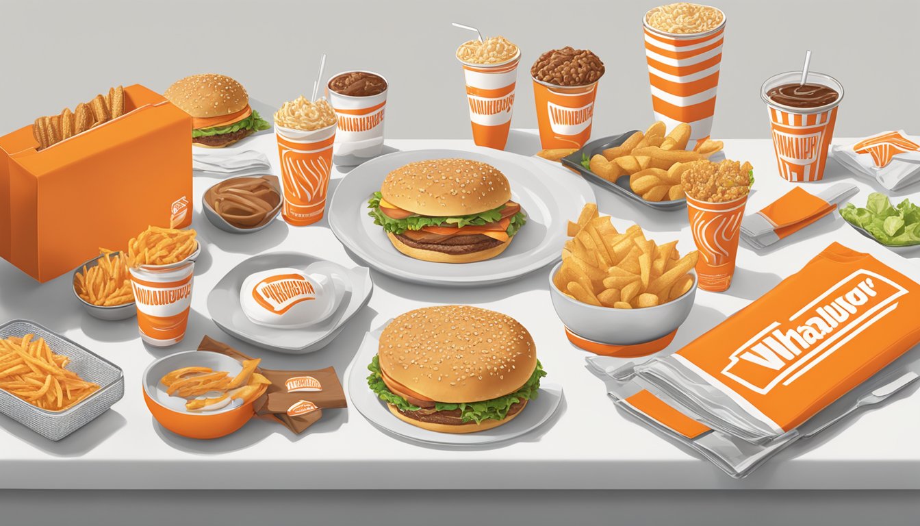 A table with various Whataburger merchandise items arranged neatly for display