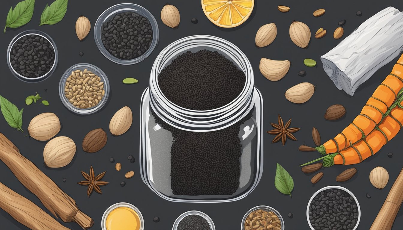 A jar of black sesame seeds sits on a kitchen counter, surrounded by various spices and ingredients. The seeds appear fresh and dry, with no signs of spoilage