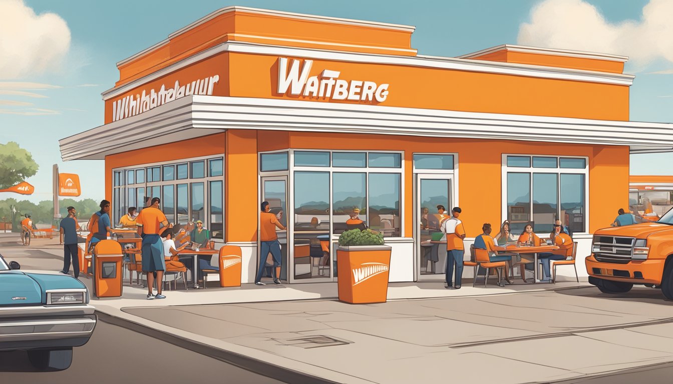 A bustling Whataburger restaurant with a bold orange and white color scheme, iconic "W" logo, and diverse customers enjoying their meals