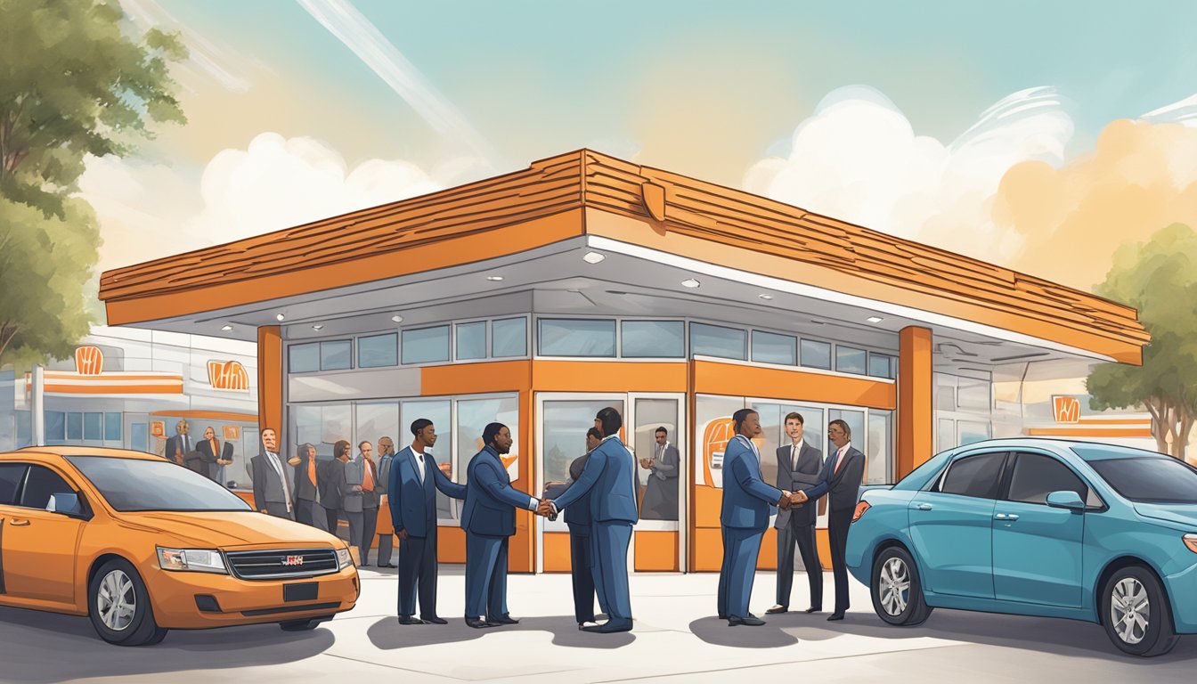 A group of business professionals shaking hands in front of a Whataburger restaurant, with logos of different companies visible in the background