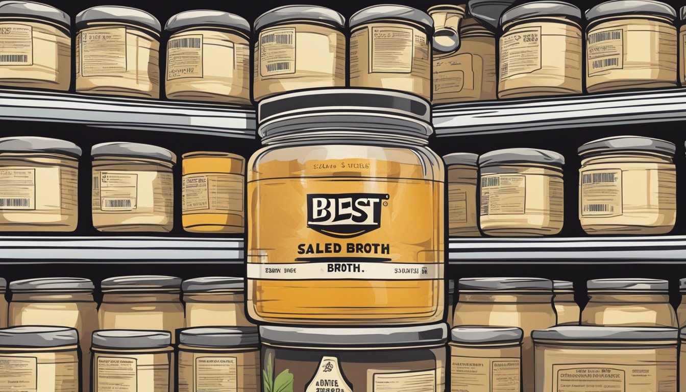 A sealed jar of beef broth sits on a shelf, with a "best by" date clearly visible. The label is clean and unblemished, indicating that the broth is safe for consumption