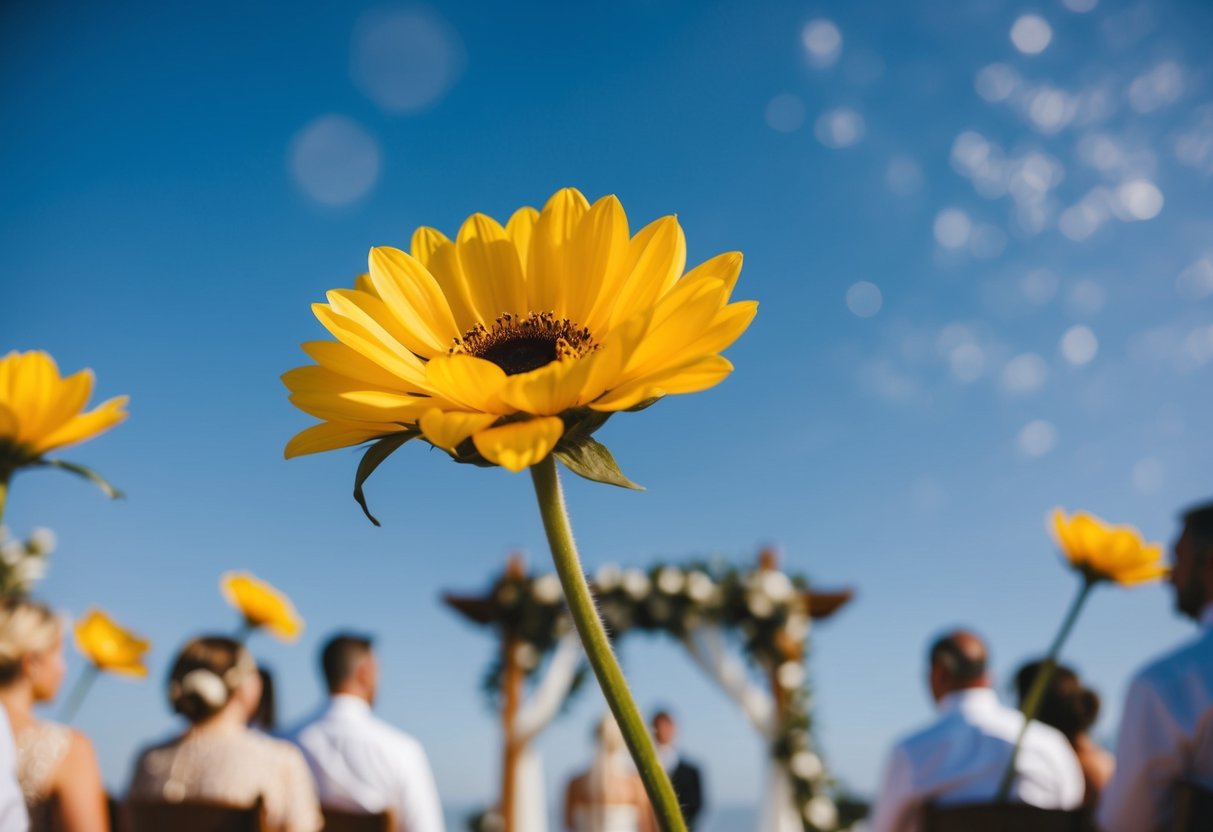 A sunny outdoor wedding ceremony with blooming flowers and a clear blue sky