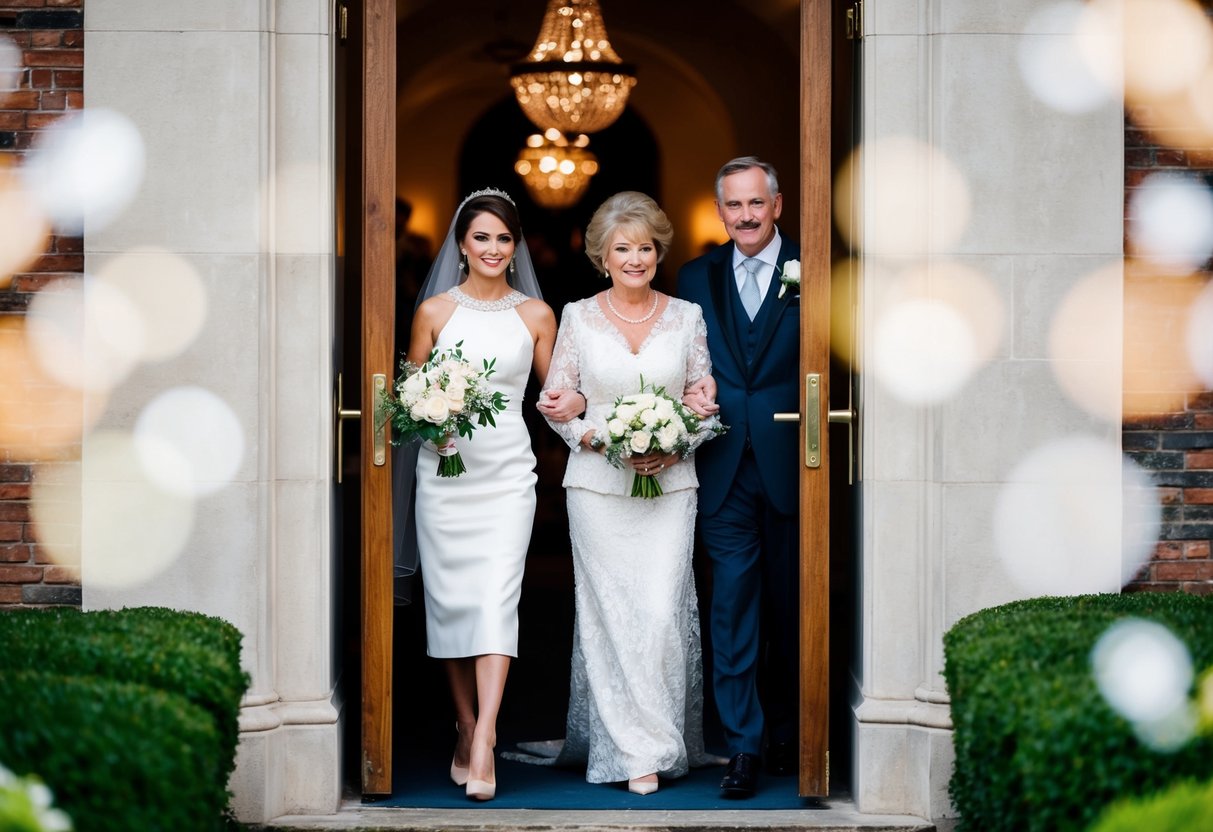 A figure enters, dressed elegantly, accompanying the mother of the bride