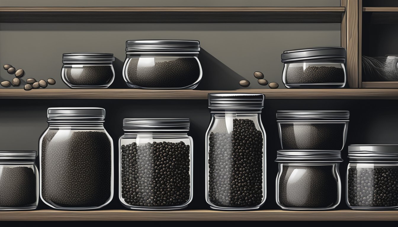 A jar of black sesame seeds sits on a shelf in a cool, dark pantry, sealed tightly to maintain freshness