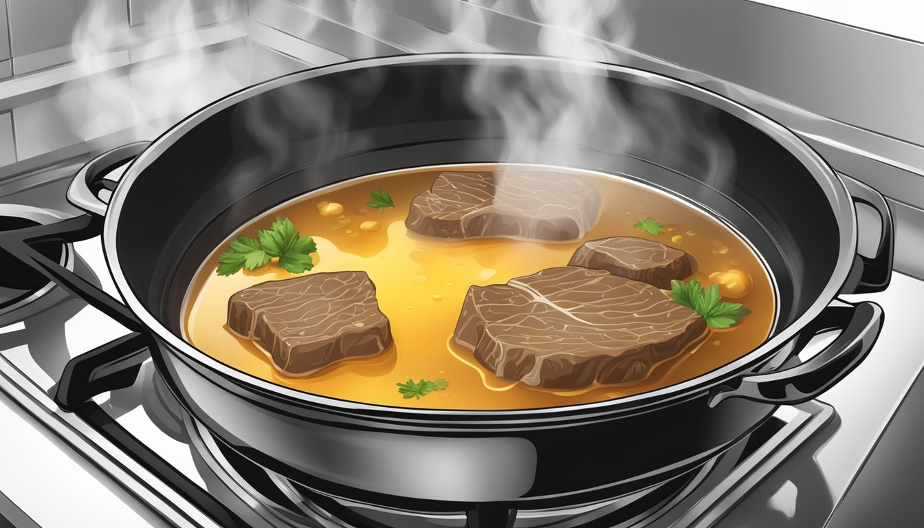 A pot of beef broth simmering on a stovetop, steam rising and a rich aroma filling the kitchen