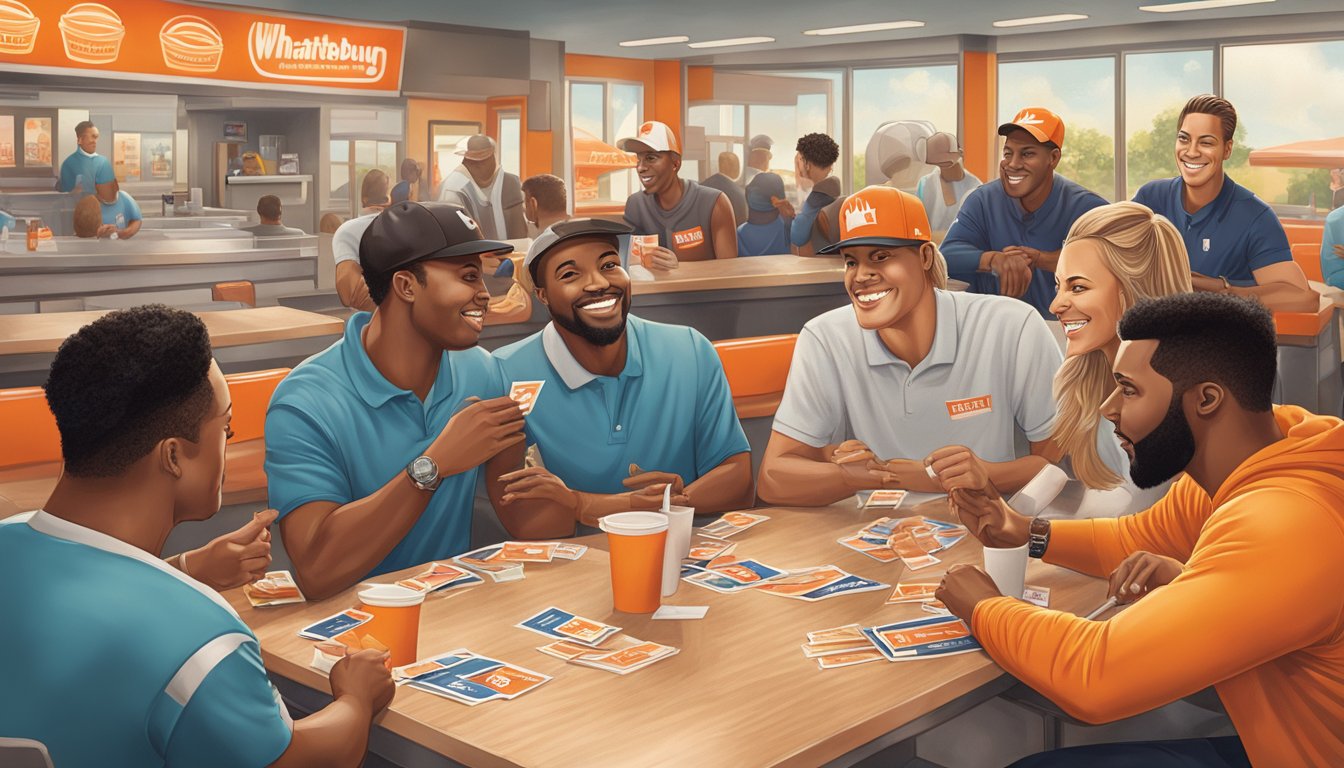 A group of athletes and media personalities gather around a table at a Whataburger restaurant, engaging in lively conversation and exchanging business cards