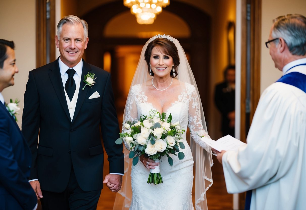 The mother of the bride walks in with the officiant