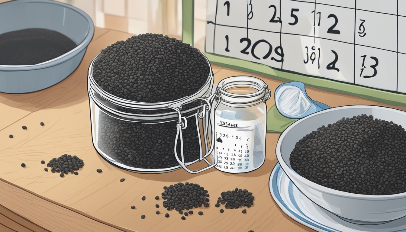 A jar of black sesame seeds sits on a kitchen counter, with a calendar in the background showing the current date. The seeds are beginning to show signs of spoilage, with mold starting to form on the surface