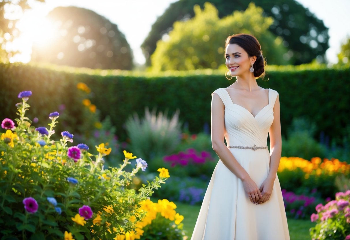A woman in an elegant dress stands in a garden surrounded by colorful flowers and greenery, with the sun casting a warm glow on her