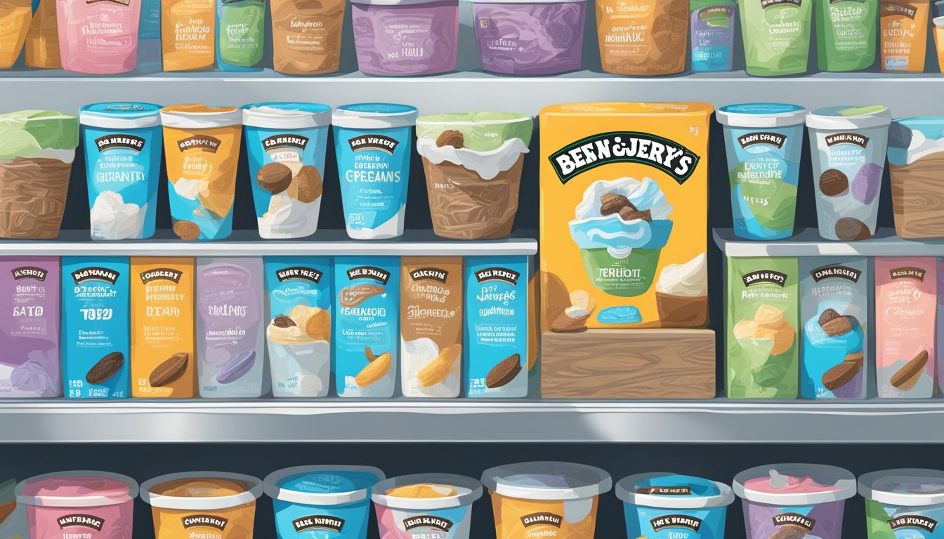 An open freezer with various flavors of Ben & Jerry's ice cream neatly arranged on the shelves, with a calendar on the wall indicating the current date